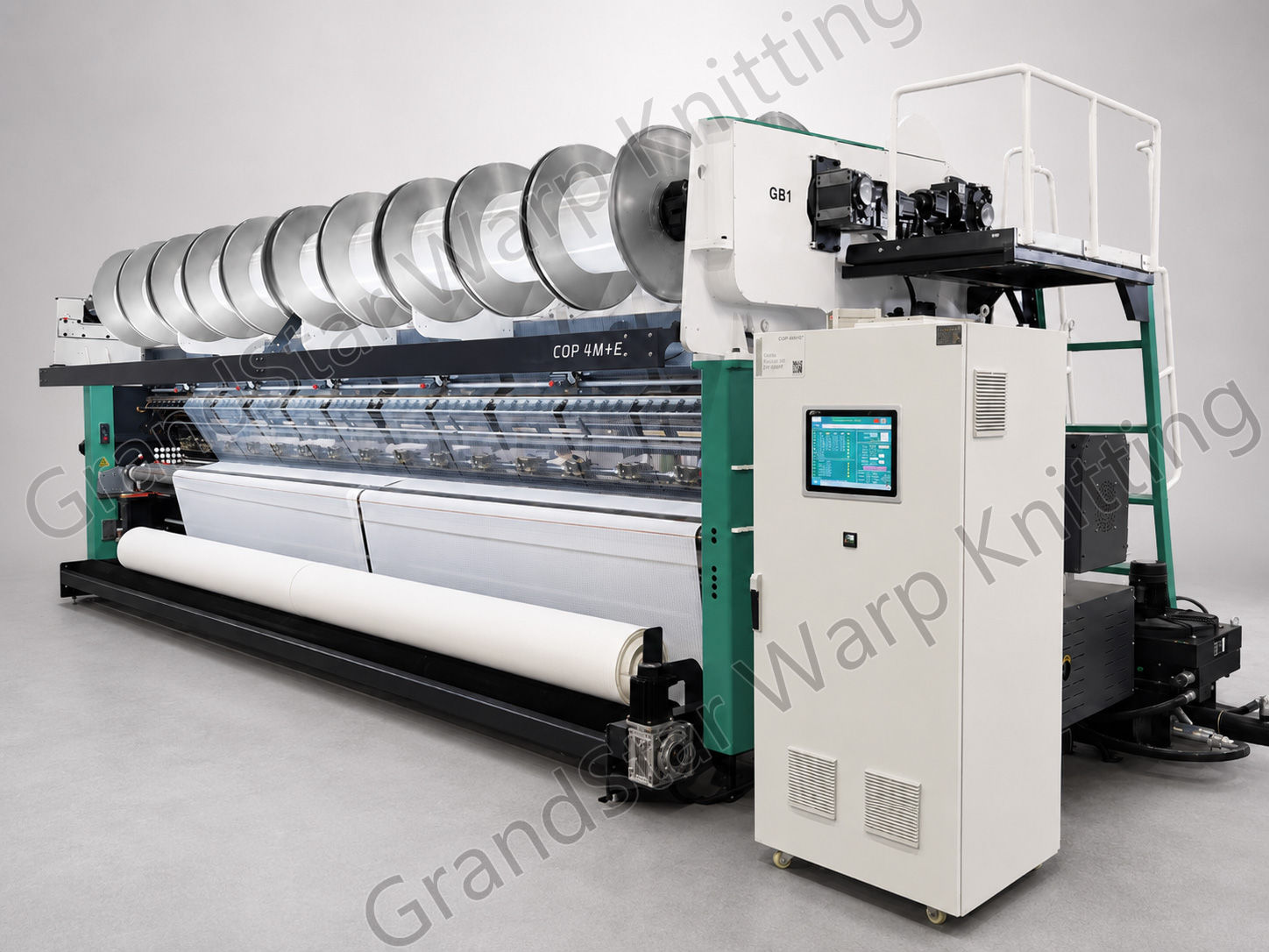 Four guide bar tricot warp knitting machine with top mounted beams and control cabinet
